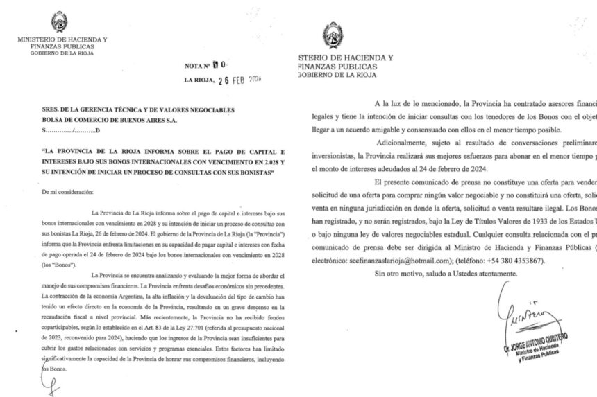 Bono verde: La Rioja informó que no puede pagar la deuda y pide reestructurarla Bono verde: La Rioja informó que no puede pagar la deuda y pide reestructurarla
