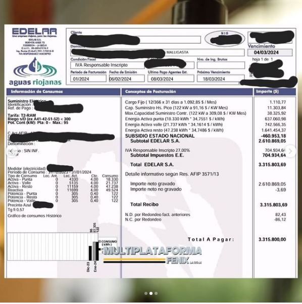Productores riojanos recibieron boletas de luz con un incremento del 450%, en algunos casos Productores riojanos recibieron boletas de luz con un incremento del 450%, en algunos casos