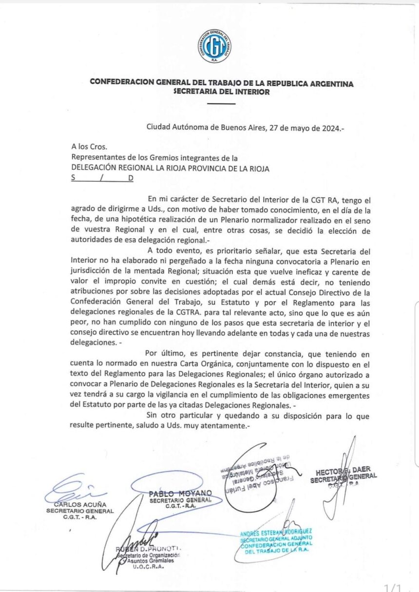 La CGT Nacional desconoce a la comisión directiva de la CGT La Rioja