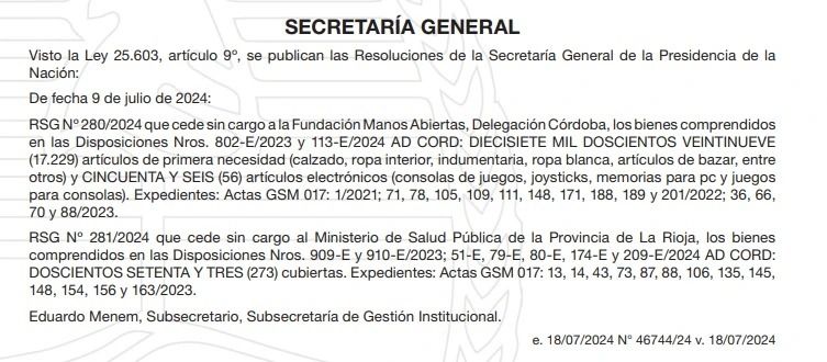 La Secretaría General de la Presidencia cede bienes al Ministerio de Salud Pública de La Rioja La Secretaría General de la Presidencia cede bienes al Ministerio de Salud Pública de La Rioja