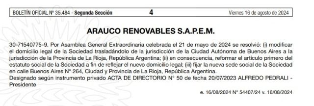 ARAUCO RENOVABLES S.A.P.E.M. traslada su sede legal a La Rioja ARAUCO RENOVABLES S.A.P.E.M. traslada su sede legal a La Rioja
