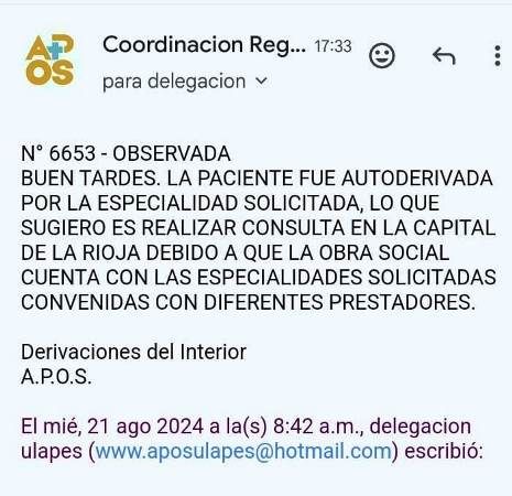 Ulapes: Vecina reclama a APOS por negativa de tratamiento en Córdoba