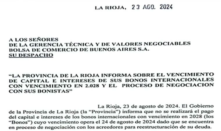 OFICIAL: La Rioja no pagará sus vencimientos de la deuda del Bono Verde OFICIAL: La Rioja no pagará sus vencimientos de la deuda del Bono Verde