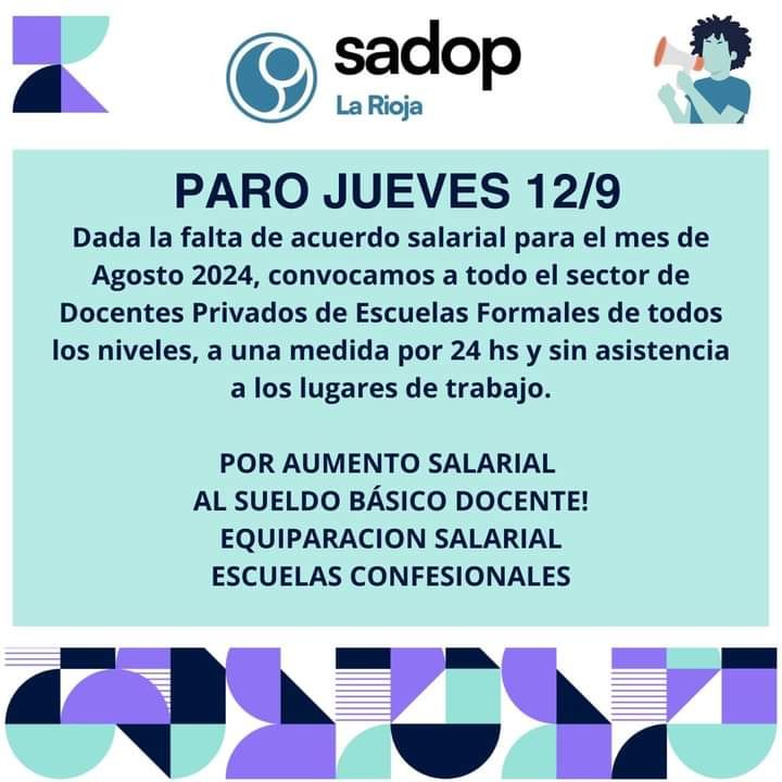 La Rioja: Convocan a los docentes de escuelas privadas a sumarse al paro La Rioja: Convocan a los docentes de escuelas privadas a sumarse al paro