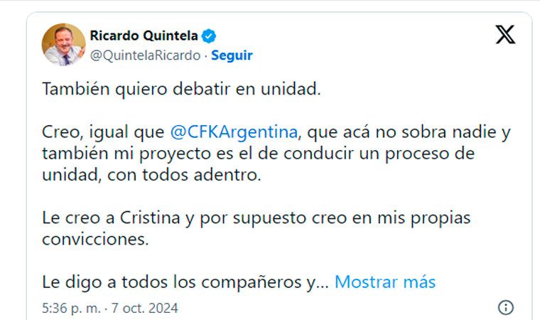 La reacción de Ricardo Quintela ante la postulación de Cristina Kirchner La reacción de Ricardo Quintela ante la postulación de Cristina Kirchner