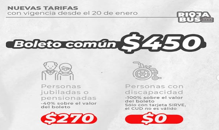 Rioja Bus: A partir del lunes 20 de enero, el boleto en Capital costará 0. Rioja Bus: A partir del lunes 20 de enero, el boleto en Capital costará 0.