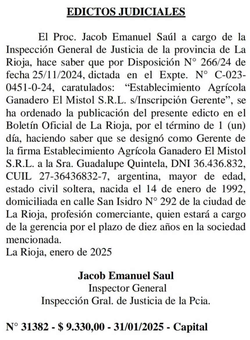 Designaron a Guadalupe Quintela, hija del gobernador, como Gerente de la empresa El Mistol SRL Designaron a Guadalupe Quintela, hija del gobernador, como Gerente de la empresa El Mistol SRL