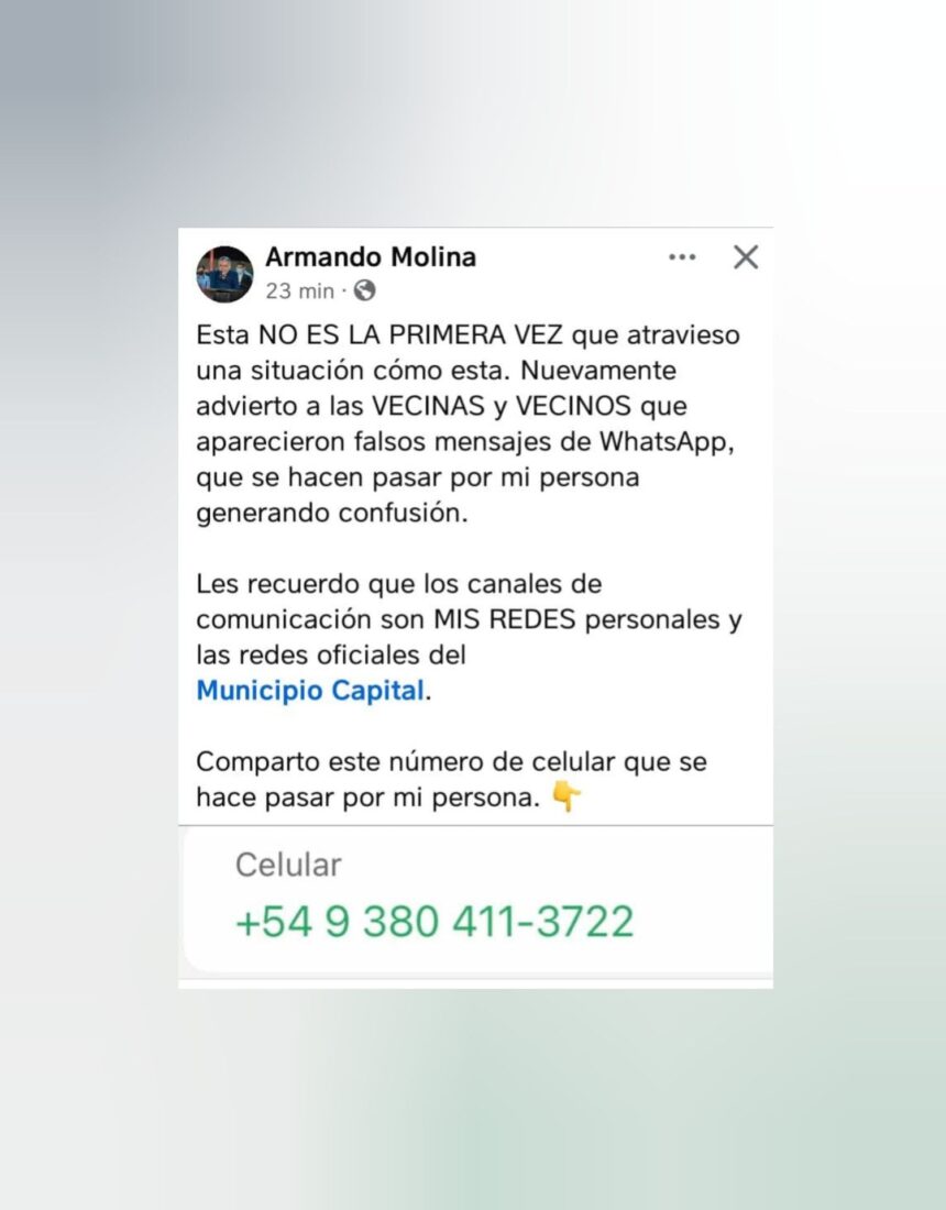 Falsos mensajes de WhatsApp que se hacen pasar por el Intendente Armando Molina Falsos mensajes de WhatsApp que se hacen pasar por el Intendente Armando Molina