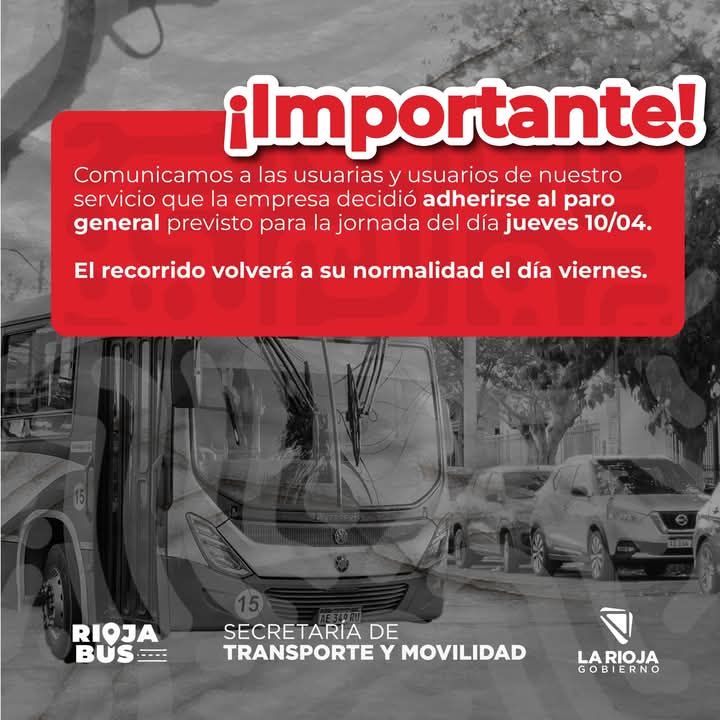 Rioja Bus se suma al paro general convocado por la CGT para el jueves 10 de abril Rioja Bus se suma al paro general convocado por la CGT para el jueves 10 de abril